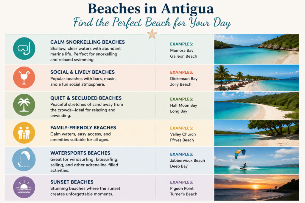Beaches in Antigua infographic showing the best beaches for snorkelling, kitesurfing, quiet relaxation, family outings, social beach days, and sunset views.
