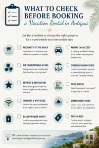 Infographic checklist showing what travellers should check before booking a vacation rental in Antigua, including beach proximity, air conditioning, internet speed, pool access, waterfront views, taxes, and rental car access.