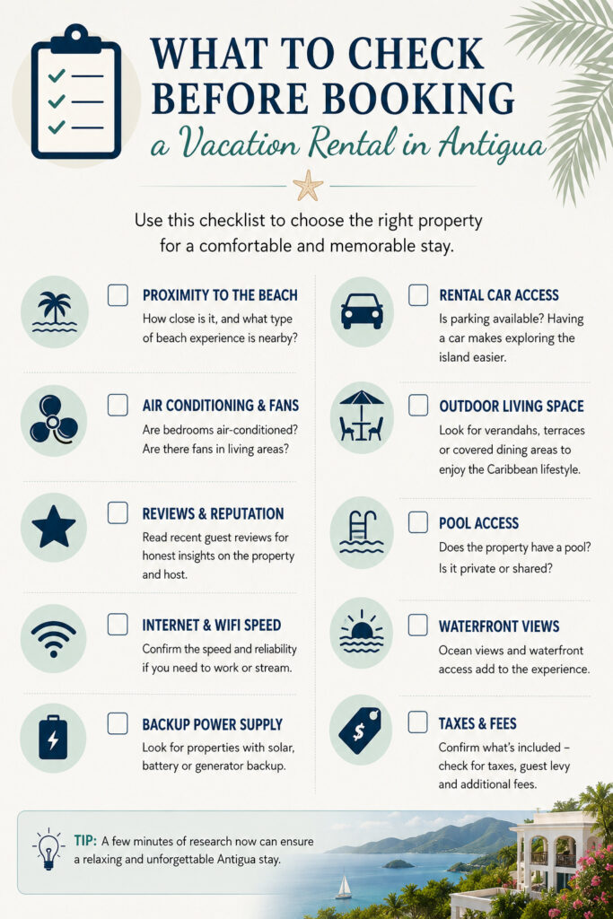 Infographic checklist showing what travellers should check before booking a vacation rental in Antigua, including beach proximity, air conditioning, internet speed, pool access, waterfront views, taxes, and rental car access.